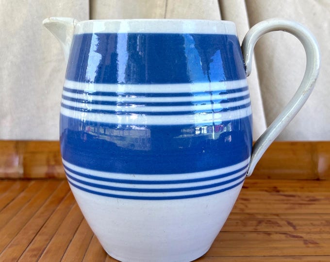 Large English Blue and White Striped Jug / Pitcher - Early 20th century