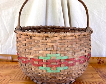 Large Woven Splint Gathering Basket with Original Red and Green Paint