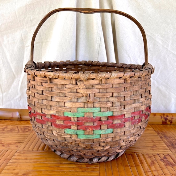 Large Woven Splint Gathering Basket with Original Red and Green Paint