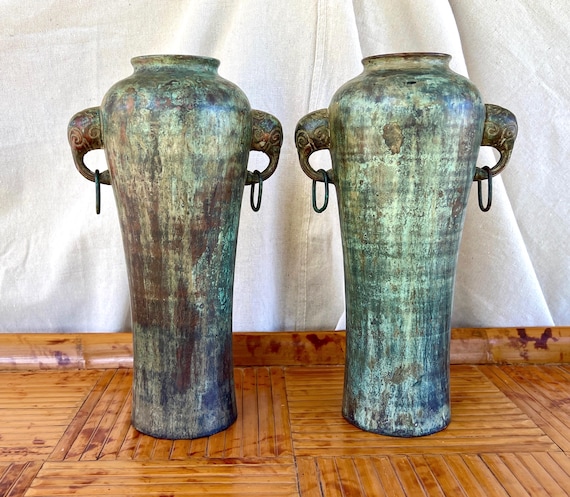 Pair of Vintage MAITLAND-SMITH Metal Vases With Elephant-Head Decorations