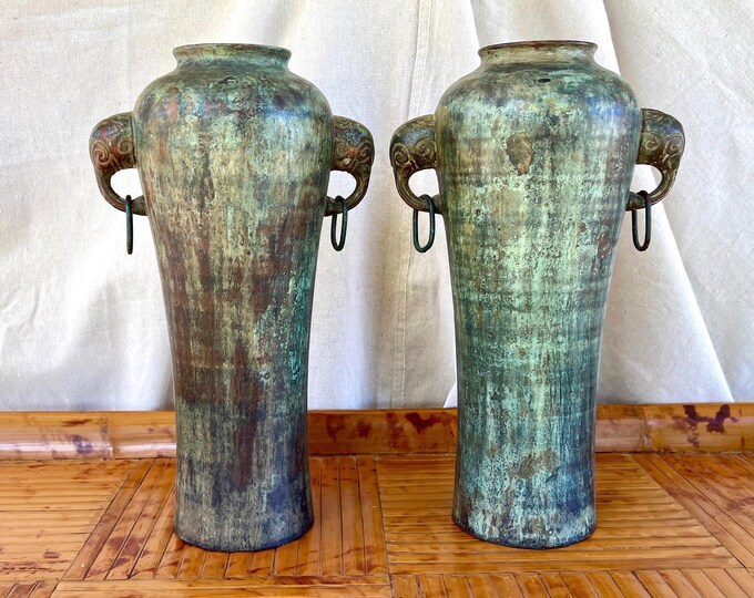 Pair of Vintage MAITLAND-SMITH Metal Vases With Elephant-Head Decorations