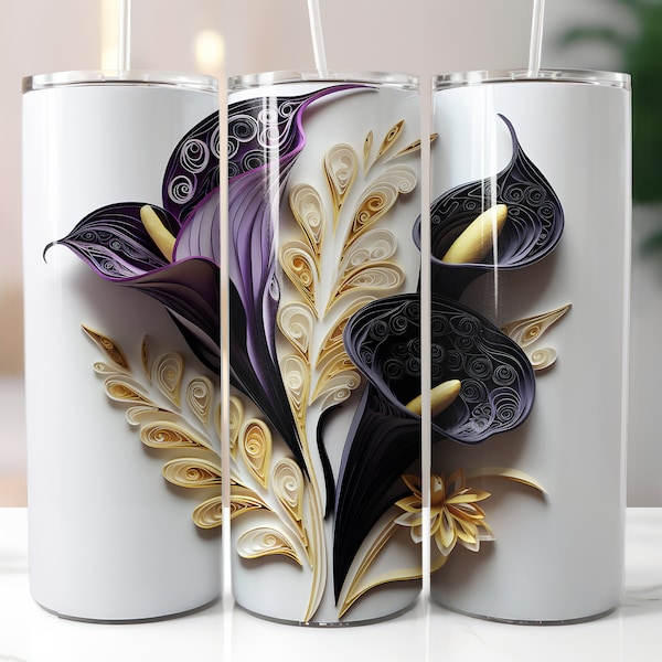 3D Calla Lilies tumbler wrap sublimation, Floral Calla Lilies Illusion Art, 20oz Skinny Straight Tumbler Sublimation Design Digital Download