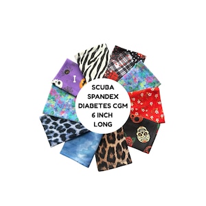 Peut inclure: Un assortiment de patchs CGM en spandex scuba de 15 cm de long, avec divers motifs : léopard, zèbre, floral et têtes de mort. Le texte "SCUBA SPANDEX DIABETES CGM" est visible.