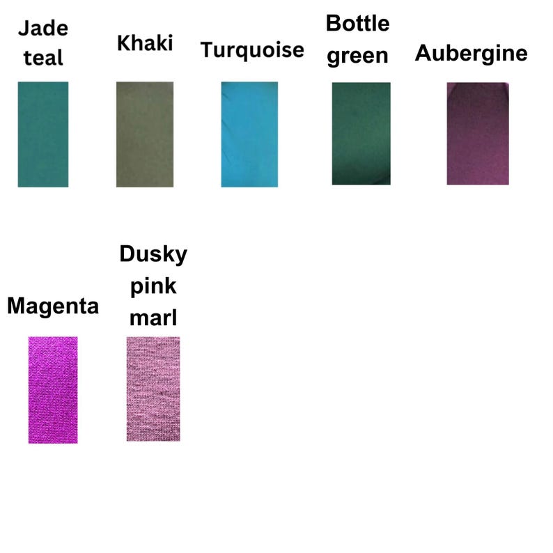 A colour palette displaying rectangular swatches of various shades. Colours include jade teal, khaki, turquoise, bottle green, aubergine, magenta, and dusky pink marl. Each swatch is labelled with its colour name.