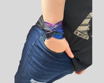 Wrist cuff Fabric bracelet wristband, stretch armband tattoo scarring cover up, wide sweatband DARK GALAXY micro spandex