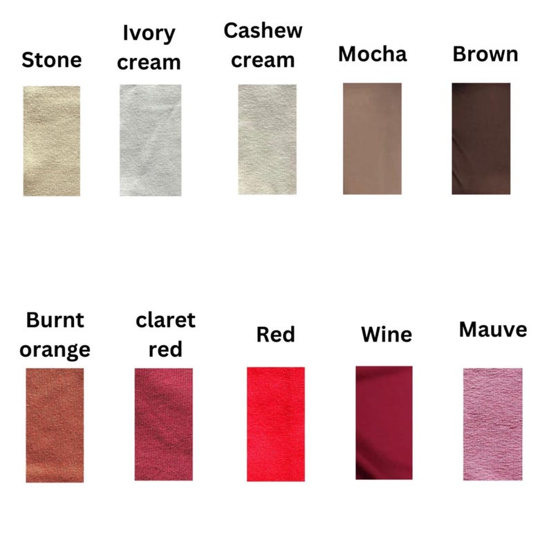 A selection of fabric swatches displaying a range of colours. The palette includes stone, ivory cream, cashew cream, mocha, brown, burnt orange, claret red, red, wine, and mauve. Each swatch is labelled with its colour name.
