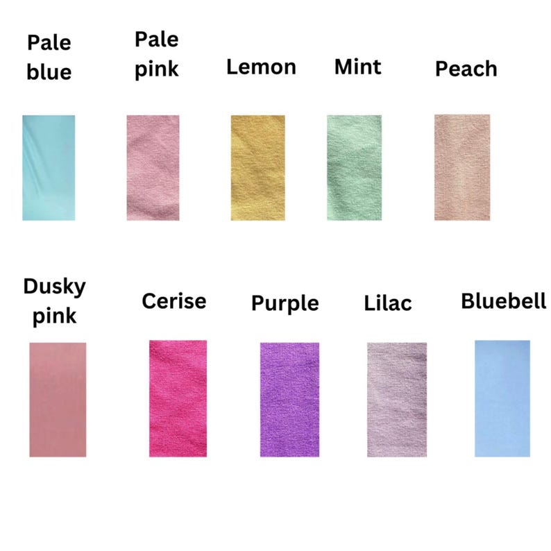 A colour palette showing ten rectangular fabric swatches in pastel shades. Colours include pale blue, pale pink, lemon, mint, peach, dusky pink, cerise, purple, lilac, and bluebell. Each swatch is labelled with its colour name.