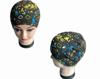 JERSEY DE COTON : bonnet chimio, casquette anti-alopécie, casquette tête de mort. 8 tailles. Impression gamer.