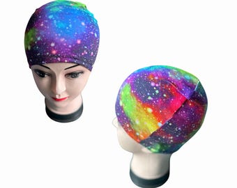 JERSEY DE COTON : bonnet chimio, casquette anti-alopécie, casquette tête de mort. 8 tailles. Imprimé galaxie nouée.