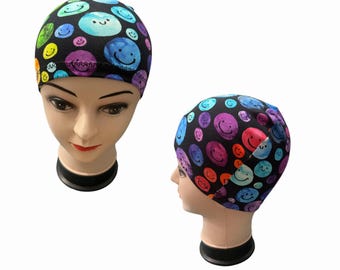 JERSEY DE COTON : bonnet chimio, casquette anti-alopécie, casquette tête de mort. 8 tailles. Impression de sourire.