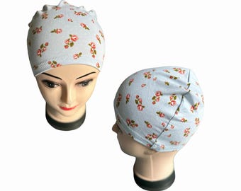 JERSEY DE COTON : bonnet chimio, casquette anti-alopécie, casquette tête de mort. 8 tailles. Imprimé roses.