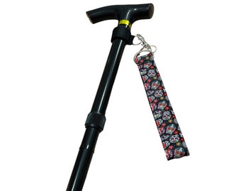 Walking stick strap wristlet.Walking cane or crutch handle loop with adjustable universal wrap fastner. Mobility, diability aide.Sugar skull