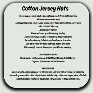 An information sheet for "Cotton Jersey Hats", detailing fabric composition, care instructions, and uses. The text is in black on a light grey background. The hats are made from cotton jersey.