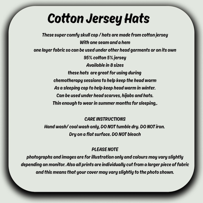 An information sheet for "Cotton Jersey Hats", detailing fabric composition, care instructions, and uses. The text is in black on a light grey background. The hats are made from cotton jersey.