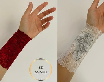 Lace Wrist cuff Fabric bracelet wristband, stretch armband tattoo scarring cover up, wide sweatband sleeve extender. Non lined