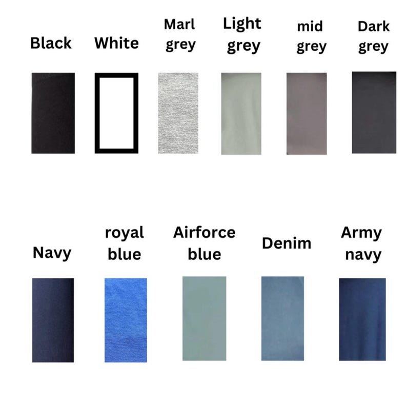 A collection of fabric colour swatches. The colours are black, white, marl grey, light grey, mid grey, dark grey, navy, royal blue, airforce blue, denim, and army navy. Each swatch has its colour name above it.