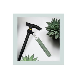 Puede incluir: Bastón de marcha negro ajustable con un mango curvo y un detalle dorado. Una correa de muñeca verde salvia está unida al bastón. El fondo incluye suculentas verdes.