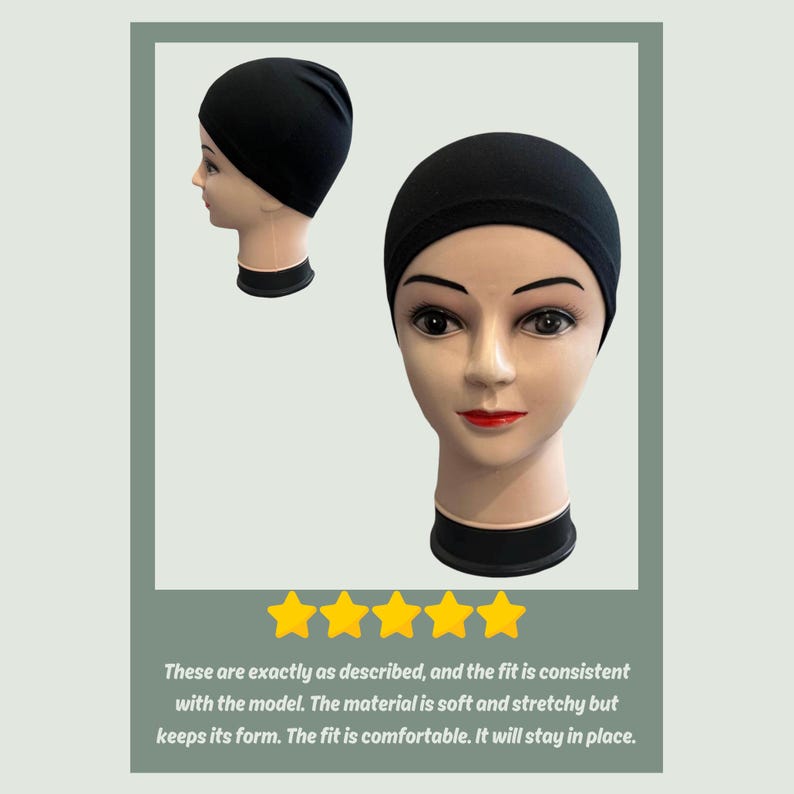 Black head covering displayed on a mannequin head. The image shows the head covering from the front and side. The text below the image says, "These are exactly as described, and the fit is consistent with the model. The material is soft and stretchy but keeps its form. The fit is comfortable. It will stay in place."
