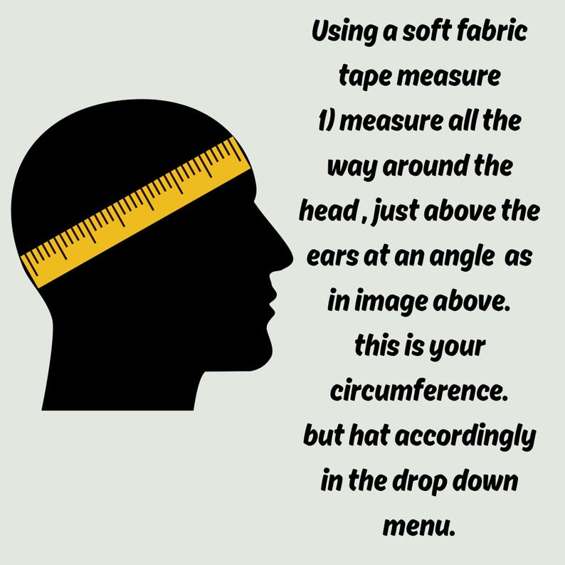 A black head silhouette with a yellow tape measure across the top. Text explains how to measure head circumference for hats, including "Using a soft fabric tape measure" and "this is your circumference."