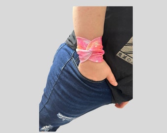 Wrist cuff Fabric bracelet wristband, stretch armband tattoo scarring cover up, wide sweatband ORANGE GALAXY micro spandex