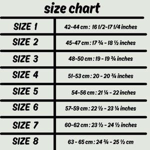 A size chart with black text on a light background. The chart lists sizes 1 to 8, with corresponding measurements in centimetres and inches. The text "size chart" is at the top.