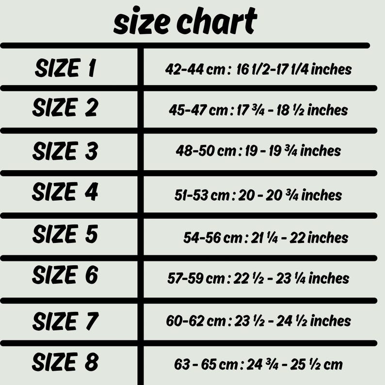 A size chart with black text on a light background. The chart lists sizes 1 to 8, with corresponding measurements in centimetres and inches. The text "size chart" is at the top.