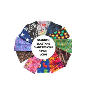 Peut inclure: Un ensemble de douze bandes en élasthanne spandex pour appareils CGM de diabète, chacune de 10,16 cm de long, présentant divers motifs dont des étoiles, léopard, camouflage, fleurs, pixels et bonbons disposés en cercle.