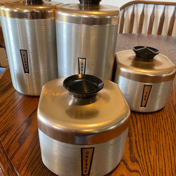 Vintage Mid Century Kromex Spun Aluminum Canister Set With Rose Gold Lids-Flour Sugar Tea Grease-Great Addition To Any Collection Or Kitchen