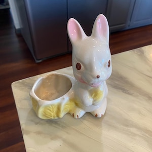 May include: A ceramic bunny planter in white with pink inner ears and brown eyes. The bunny is holding its paws together and has a small planter attached to its side. The planter is yellow with leaf-like details.