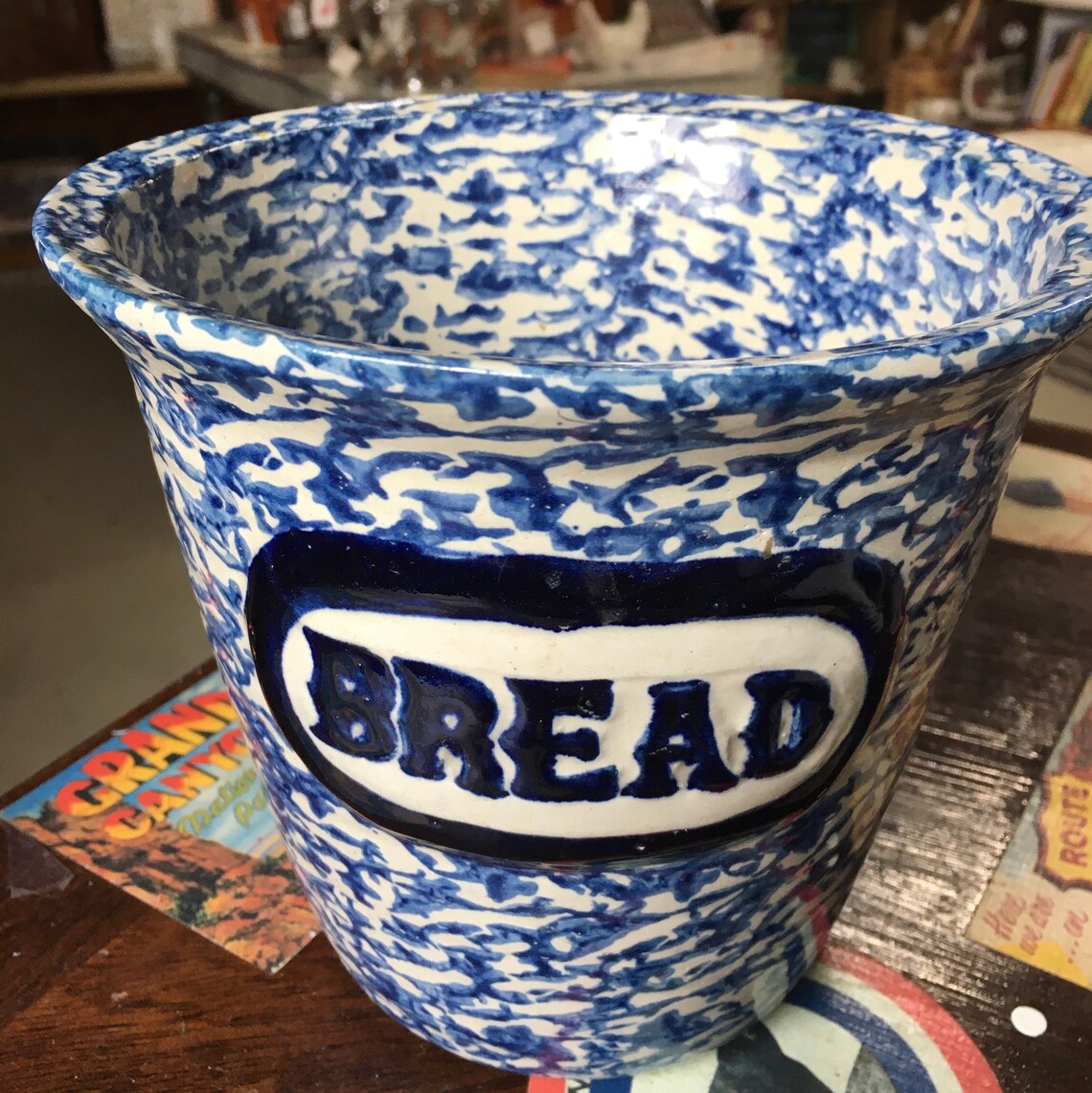 Vintage Blue Spongeware Stoneware Bread Crock Bowlgreat Etsy