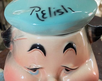 Antique Anthropomorphic Relish Condiment Jar-Hard To Find-Great Display In Any Kitchen!