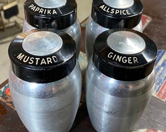 Vintage Kromex Spun Aluminum Set Of 4 Spice Shakers-Allspice Mustard Ginger Paprika-Great Display In Any Kitchen!