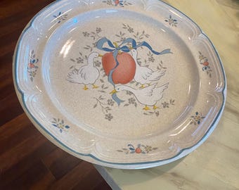 Vintage 1980’s International Stoneware Japan Marmalade Large Serving Plate-Cottagecore Grannycore-Geese Blue Ribbon Apples-Great Gift!