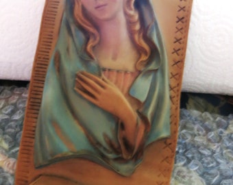 Vintage ceramic wall plaque of Virgin Mary made in Italy