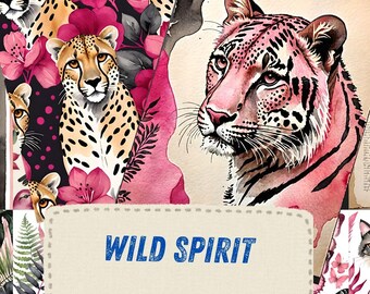 Boho Cheetah Ephemera, Pink Floral Safari Scrapbook Paper, Leopard Desert Wildflower Collage, Wild Animal Junk Journal Kit, Instant Download