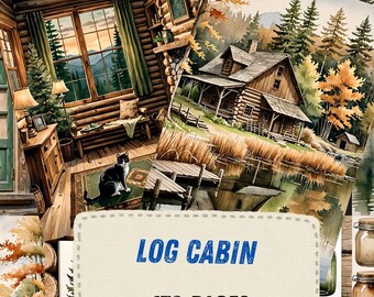Log Cabin Ephemera Printables, Rustic Mountain Lodge Scrapbook Paper, Snowy Pine Forest Collage Sheets, Cozy Cabincore Junk Journal Kit