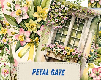 Spring Narcis Junk Journal Kit, Cottagecore Garden-plakboekpapier, Pink Blossom-ephemera, vintage key afdrukbaar papier Crafting-bundel