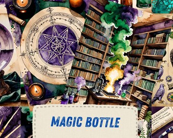 Witchy Junk Journal Pages, Magic Potion Scrapbook Paper, Apothecary Spell Ephemera, Purple Green Alchemy Watercolor Grimoire Art Journal Kit
