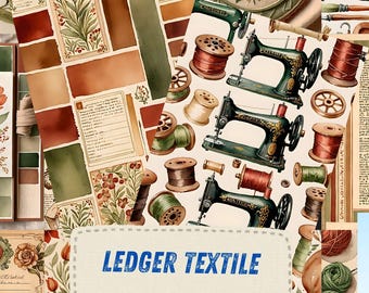 Sidor med skräpjournal för vintagesömnad, scrapbookpapper för textil och tyg, utskrivbara småsaker för sybehör, trådrulle, akvarellkonstjournalkit
