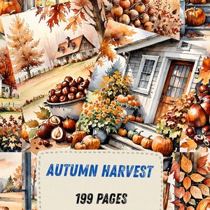 May include: A collage of watercolor illustrations depicting autumn scenes with pumpkins, fall foliage, houses, and hay bales. A central rectangular label features the text AUTUMN HARVEST and 199 PAGES in a dark font against a cream background.