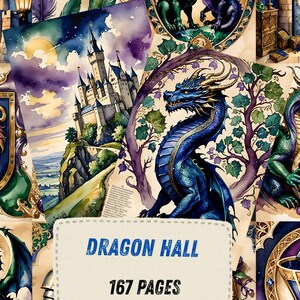 Dragon Junk Journal Pages, Medieval Fantasy Scrapbook Paper, Knight Castle Printable Ephemera, Gothic Watercolor Fantasy Art Journal Kit image 3