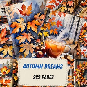 Autumn Dreams Watercolor Junk Journal Pages, Pumpkin Fall Leaves Scrapbook Paper, Cozy Cider Season Printable Ephemera, Rustic Craft Kit image 1