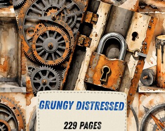 Grungy Distressed Junk Journal Paper, Steampunk Gears Printable Ephemera, Antique Compass Map Scrapbook Pages, Rusty Industrial Collage Art