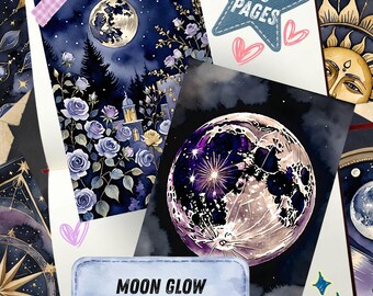 Celestial Junk Journal Pages, Moon Star Scrapbook Paper, Zodiac Astrology Printable Ephemera, Navy Gold Watercolor Mystical Art Journal Kit