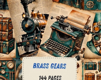 Steampunk Gears Ephemera Printables, Industrial Clockwork Scrapbook Paper, Vintage Copper Teal Machinery Collage, Victorian Junk Journal Kit