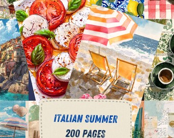 Italian Summer Junk Journal Kit, Amalfi Coast Travel Scrapbook Paper, Mediterranean Food Ephemera, La Dolce Vita Digital Collage Download