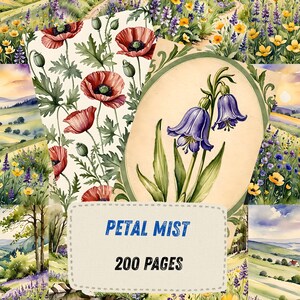 Lavender Meadow Ephemera, Poppy Countryside Scrapbook Paper, Bluebell Landscape Collage, Cottagecore Junk Journal Kit, Instant Download image 1