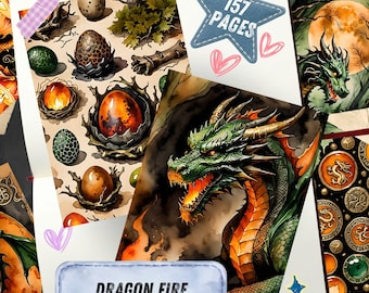 Fire Dragon Junk Journal Pages, Celtic Fantasy Scrapbook Paper, Mythical Printable Ephemera, Green Dragon Watercolor Gothic Art Journal Kit