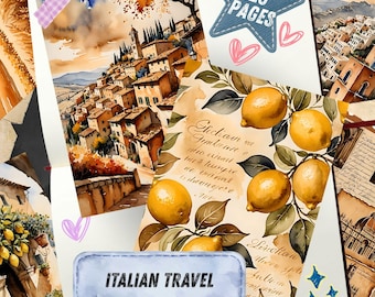 Italian Travel Junk Journal Pages, Vintage Tuscany Scrapbook Paper, Mediterranean Printable Ephemera, Lemon Watercolor Italy Art Journal Kit