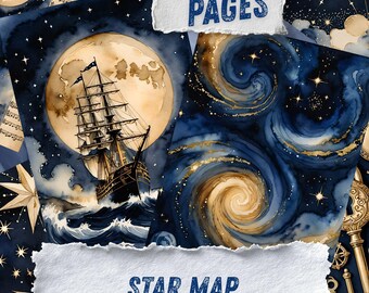 Astronomy Junk Journal Pages, Constellation Scrapbook Paper, Celestial Zodiac Printable Ephemera, Navy Gold Watercolor Moon Art Journal Kit